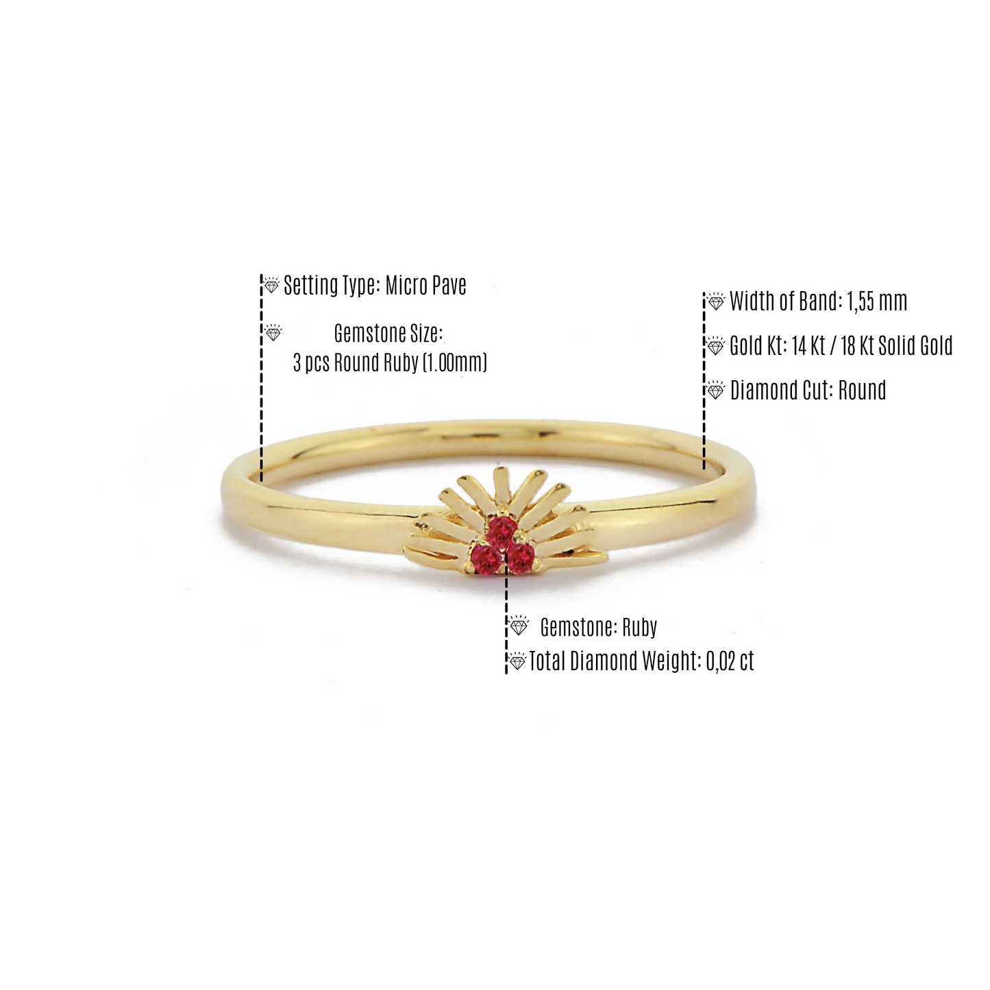 Trio Rode Robijn Diamanten Massief Gouden Dames Ring