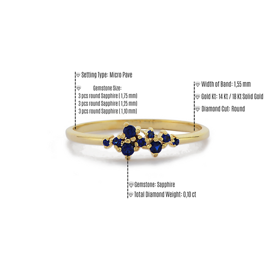 Cluster Ronde Blauwe Saffier Diamanten Ring Speciale Gelegenheden, Handgemaakte Gebogen Zwarte Diamant Aangepaste Minimalistische Ontwerprp