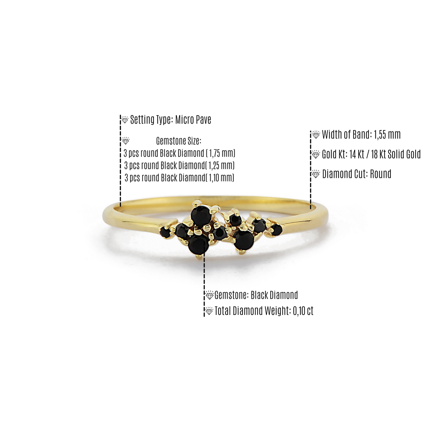 Cluster Ronde Zwarte Diamanten Ring Speciale Gelegenheden, Handgemaakte Gebogen Zwarte Diamant Aangepaste Minimalistische Ontwerprp