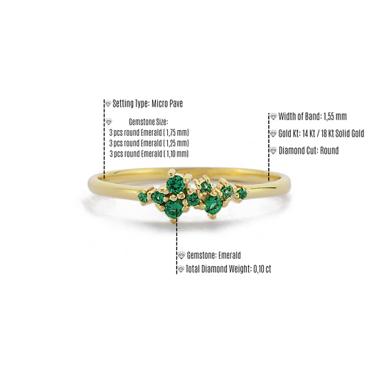 Cluster Ronde Groene Smaragd Diamanten Ring Speciale Gelegenheden, Handgemaakte Gebogen Zwarte Diamant Aangepaste Minimalistische Ontwerprp