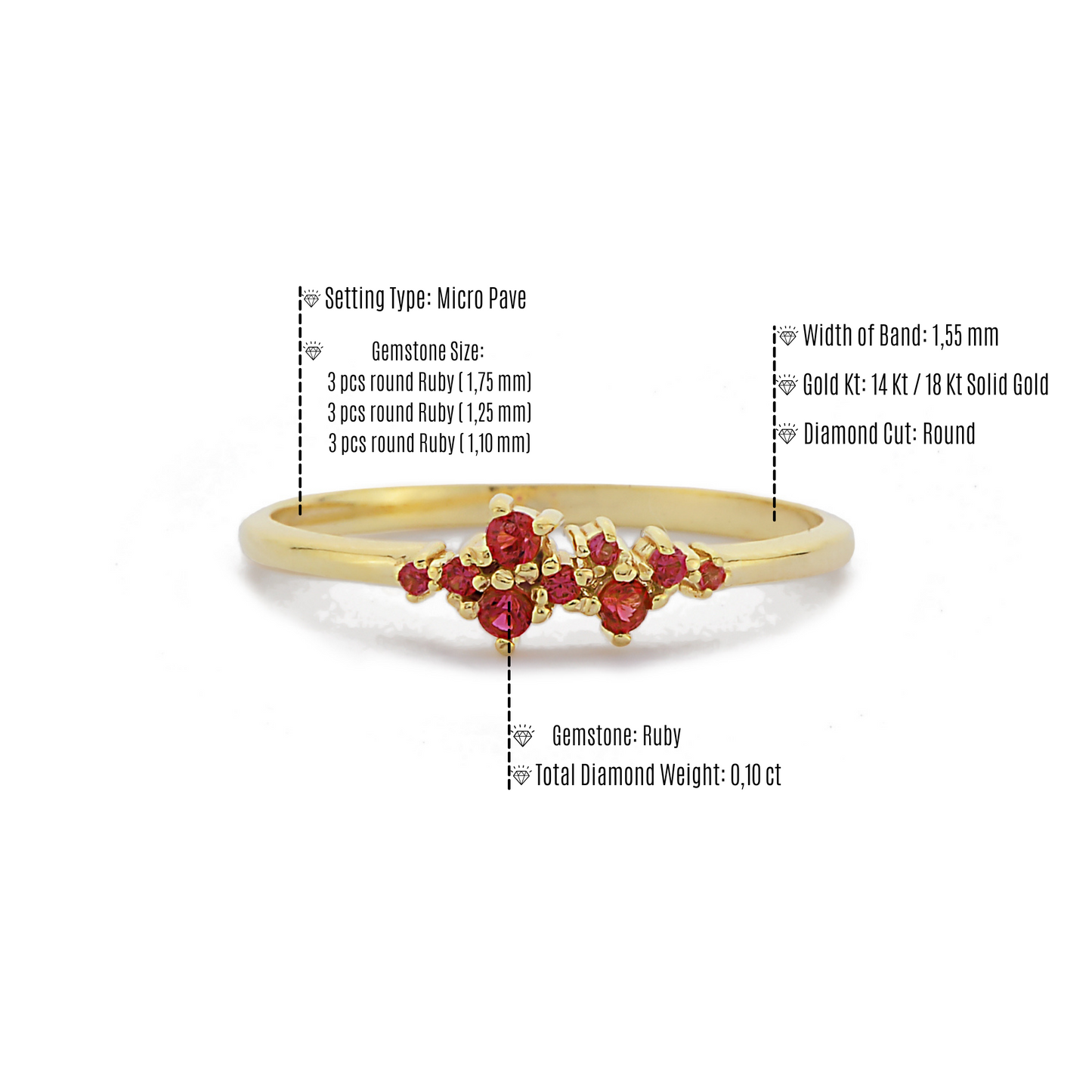 Cluster Ronde Rode Robijn Diamanten Ring Speciale Gelegenheden, Handgemaakte Gebogen Zwarte Diamant Aangepaste Minimalistische Ontwerprp