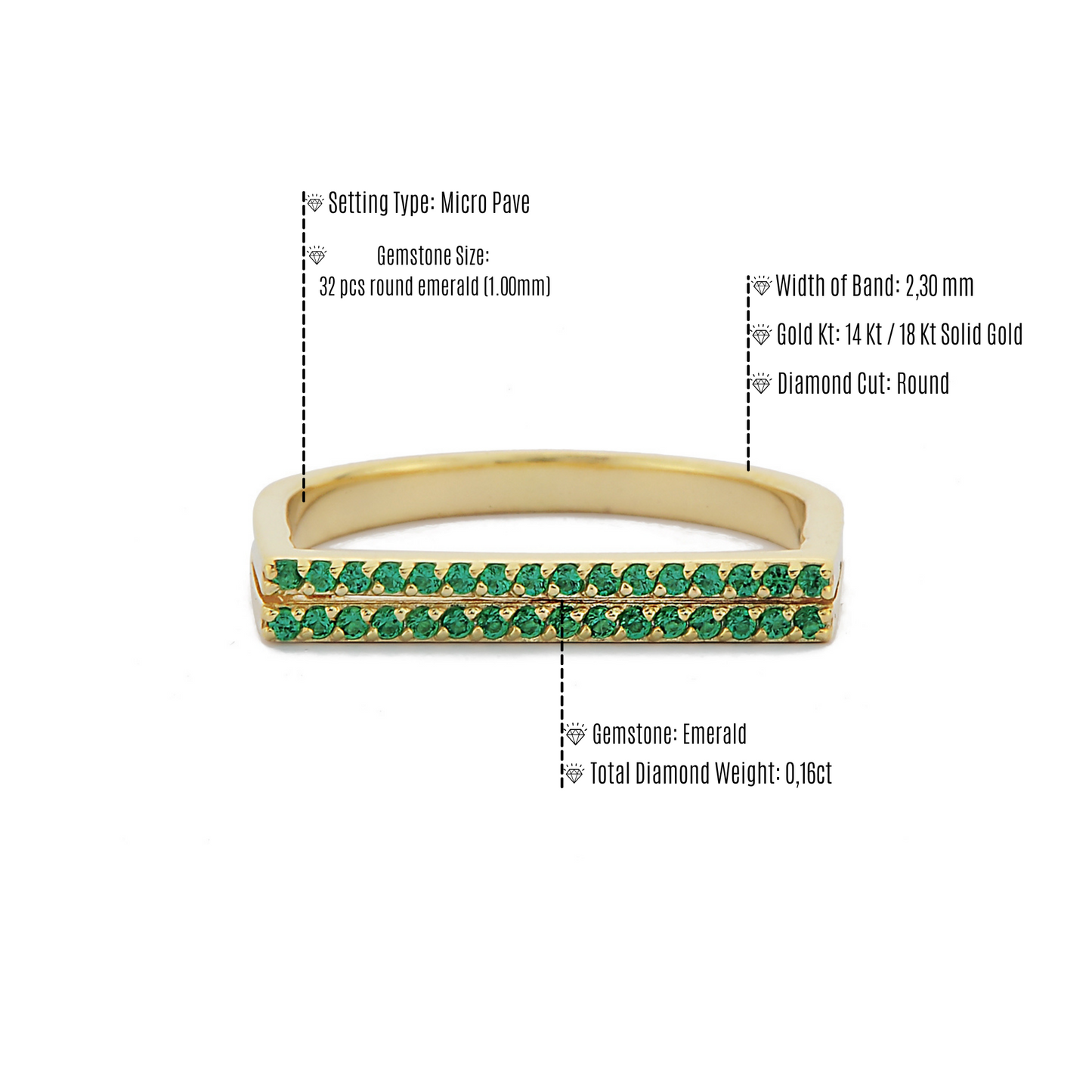 Dubbele Band Groene Smaragd Diamanten Ring, Handgemaakte Gebogen Aangepaste Ontwerp 14k 18k Golid Gouden Ring