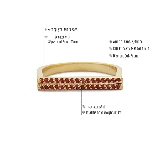 Gouden Dubbele Band Rode Robijn Dames Diamanten Ring
