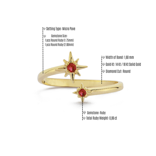 Open Stervormige Rode Robijn Diamanten Ring, Verstelbare Handgemaakte 14k Massief Gouden Ring, Astrale Planetaire Gebogen Ring