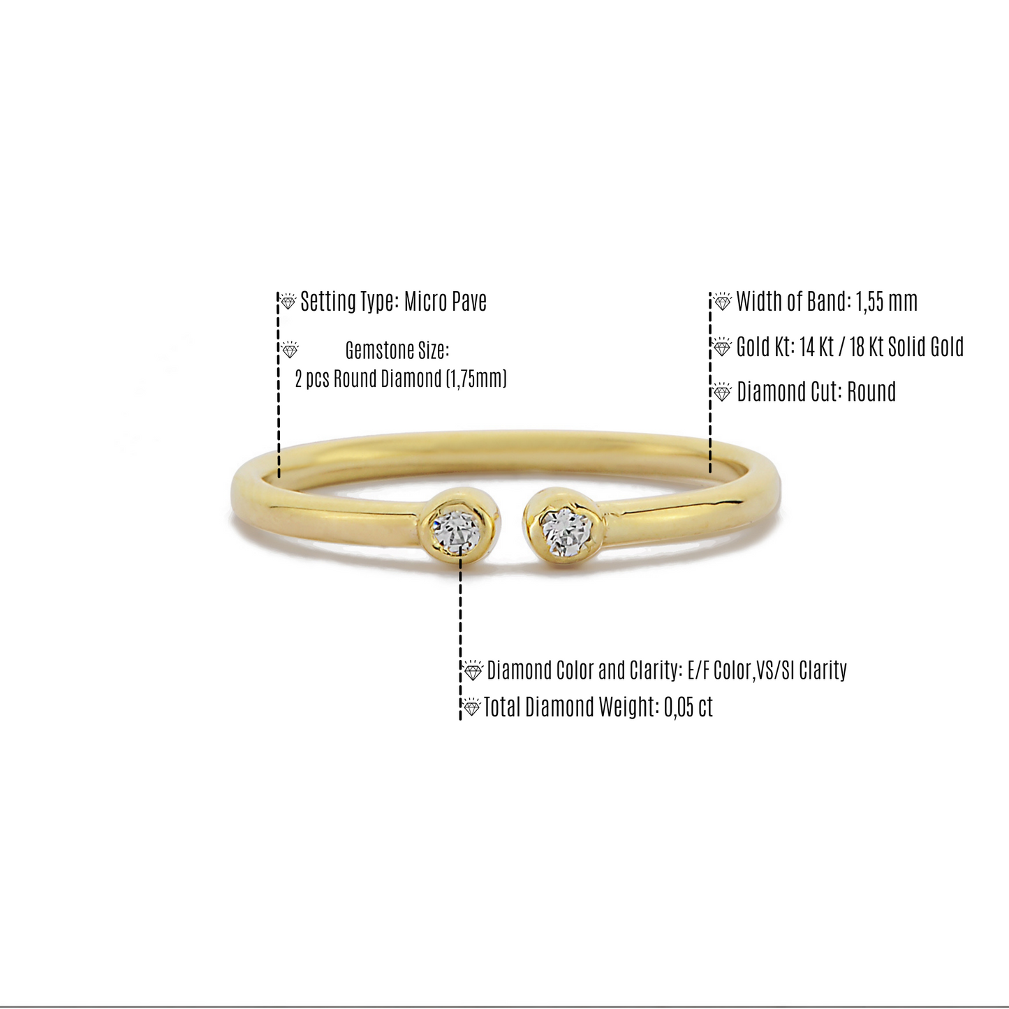 Twee Stenen Open Bezel Verstelbare Ring, Open Manchet Dubbele Diamant Bezel Set Ring, Handgemaakte 14k Massief Gouden Ring