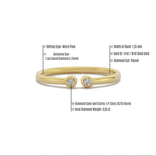 Twee Stenen Open Bezel Verstelbare Ring, Open Manchet Dubbele Diamant Bezel Set Ring, Handgemaakte 14k Massief Gouden Ring