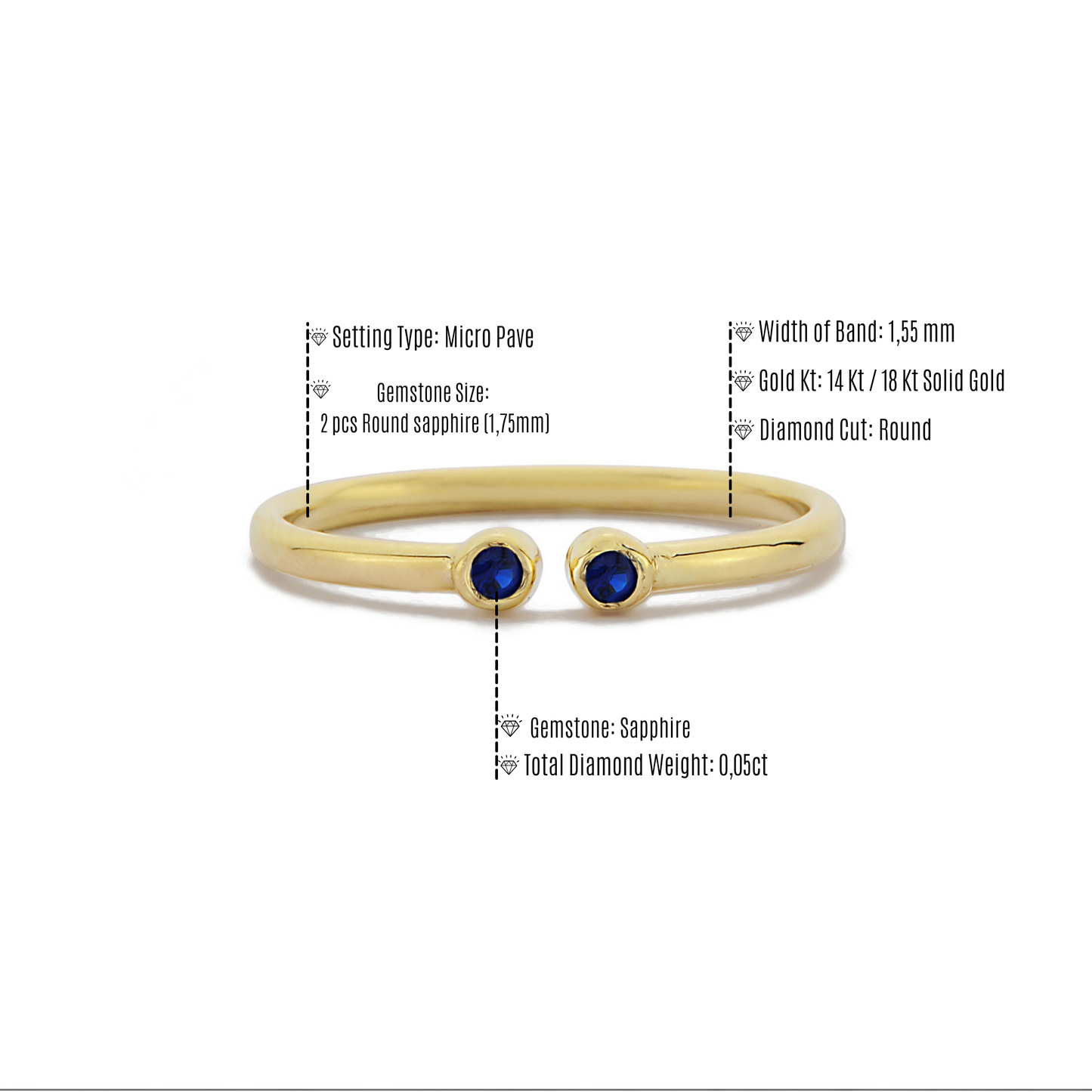 Twee Stenen Open Bezel Verstelbare Ring, Open Manchet Dubbele Blauwe Saffier Diamant Bezel Set Ring, Handgemaakte 14k Massief Gouden Ring