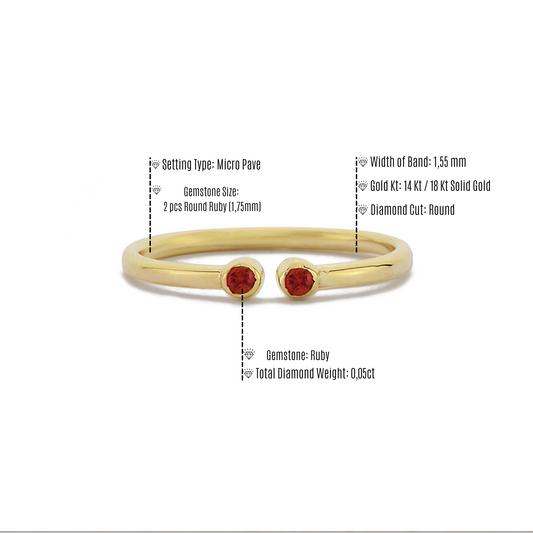 Twee Stenen Open Bezel Verstelbare Ring, Open Manchet Dubbele Rode Robijn Diamant Bezel Set Ring, Handgemaakte 14k Massief Gouden Ring