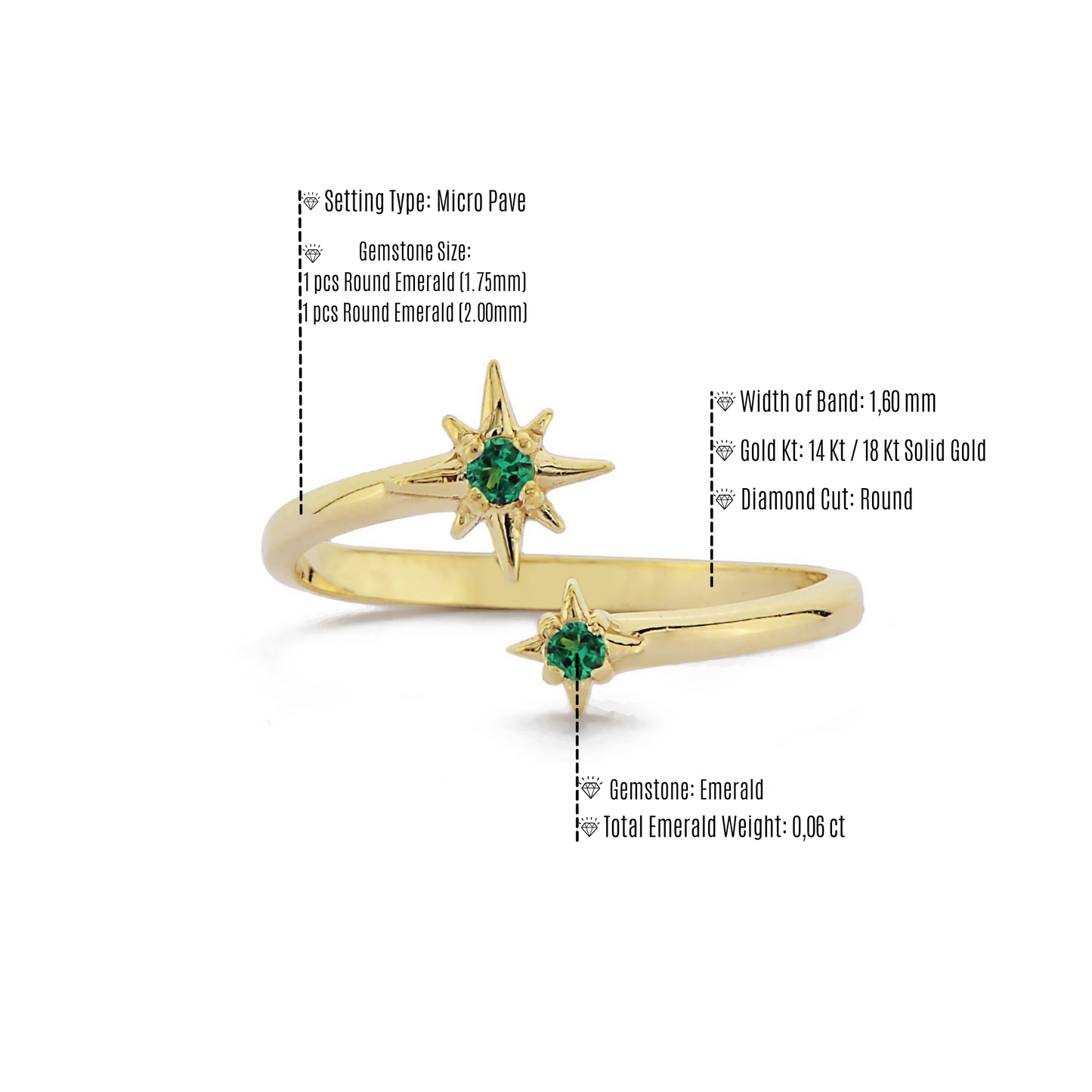 Open Stervormige Groene Smaragd Diamanten Ring, Verstelbare Handgemaakte 14k Massief Gouden Ring, Astrale Planetaire Gebogen Ring