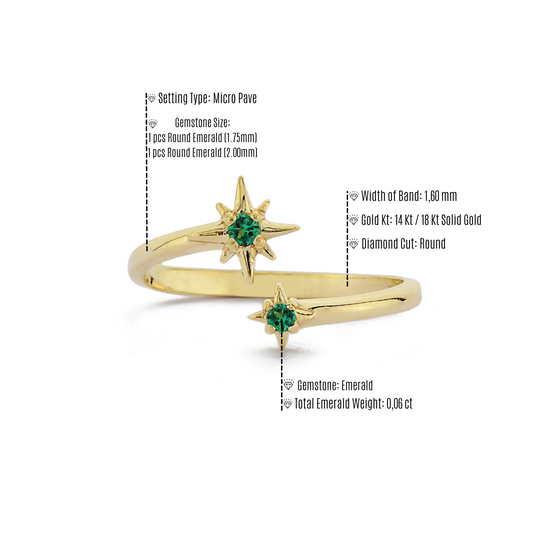 Open Stervormige Groene Smaragd Diamanten Ring, Verstelbare Handgemaakte 14k Massief Gouden Ring, Astrale Planetaire Gebogen Ring