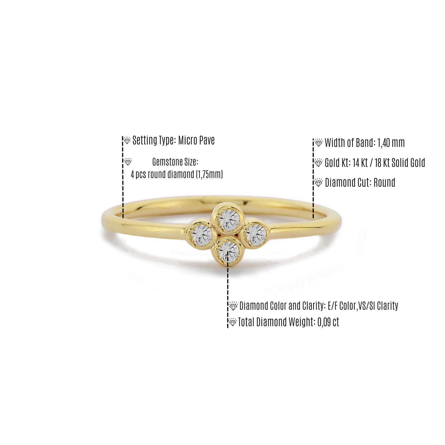 Vier Steen Wit Diamanten Ring Trouwring, Handgemaakte Zwarte Diamant Solitaire 14k 18k Massief Gouden Ring Voor Porposal