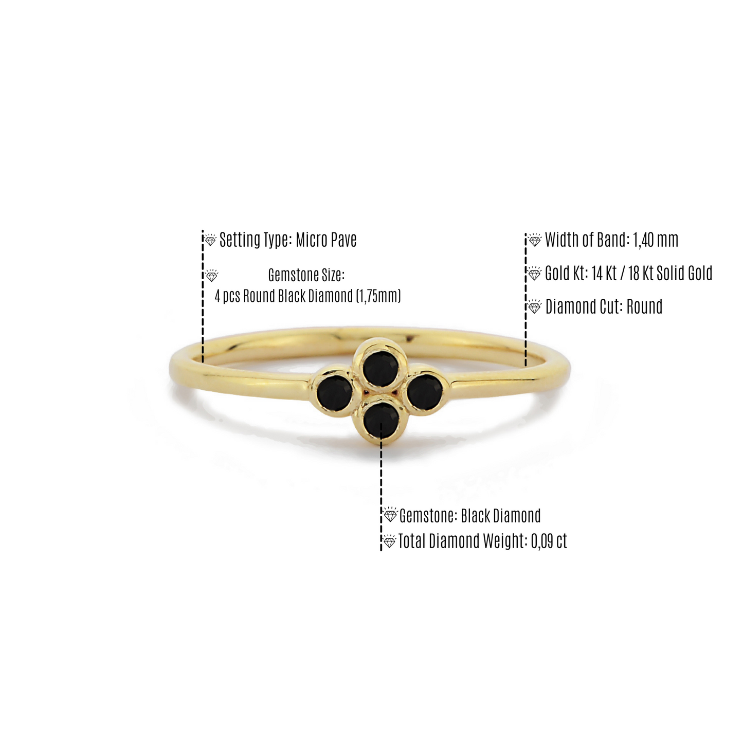 Vier Steen Zwarte Diamanten Ring Trouwring, Handgemaakte Zwarte Diamant Solitaire 14k 18k Massief Gouden Ring Voor Porposal