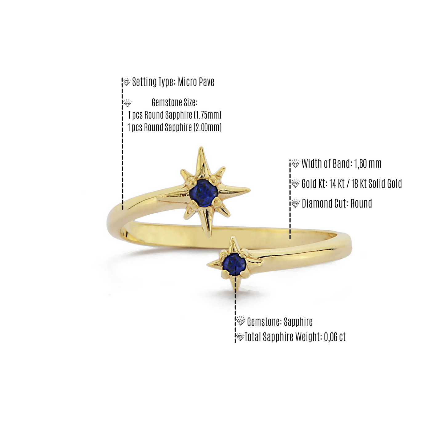 Open Stervormige Blauwe Saffier Diamanten Ring, Verstelbare Handgemaakte 14k Massief Gouden Ring, Astrale Planetaire Gebogen Ring