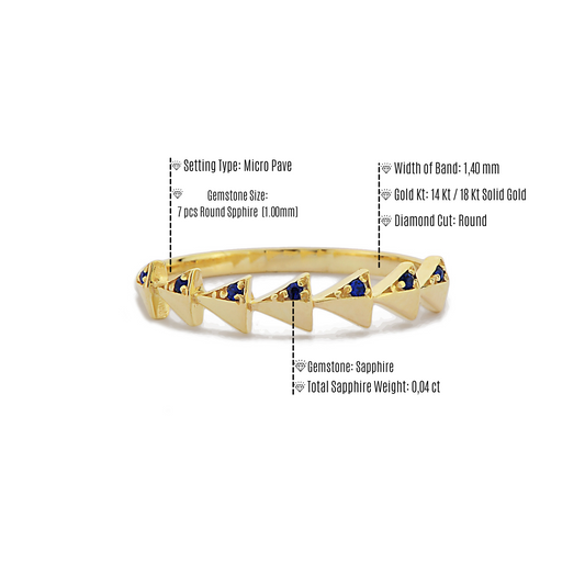 Driehoek Vormige Halve Eeuwigheid Ring, Driehoek Cluster Blauwe Saffier Diamanten Ring, Handgemaakte 14k Gouden Gebogen Golvende Ring
