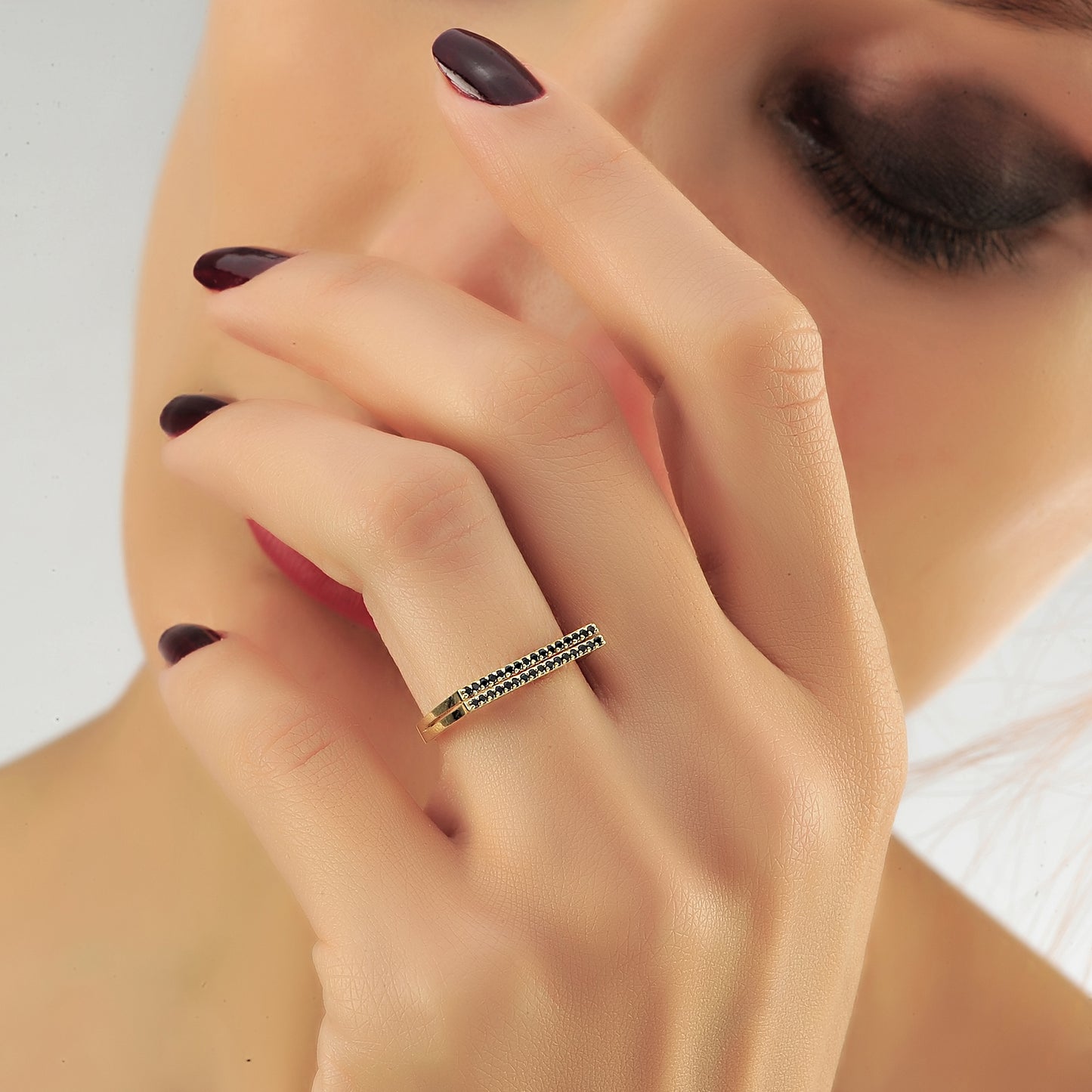 Dubbele Band Zwarte Diamanten Ring, Handgemaakte Gebogen Aangepaste Ontwerp 14k 18k Golid Gouden Ring
