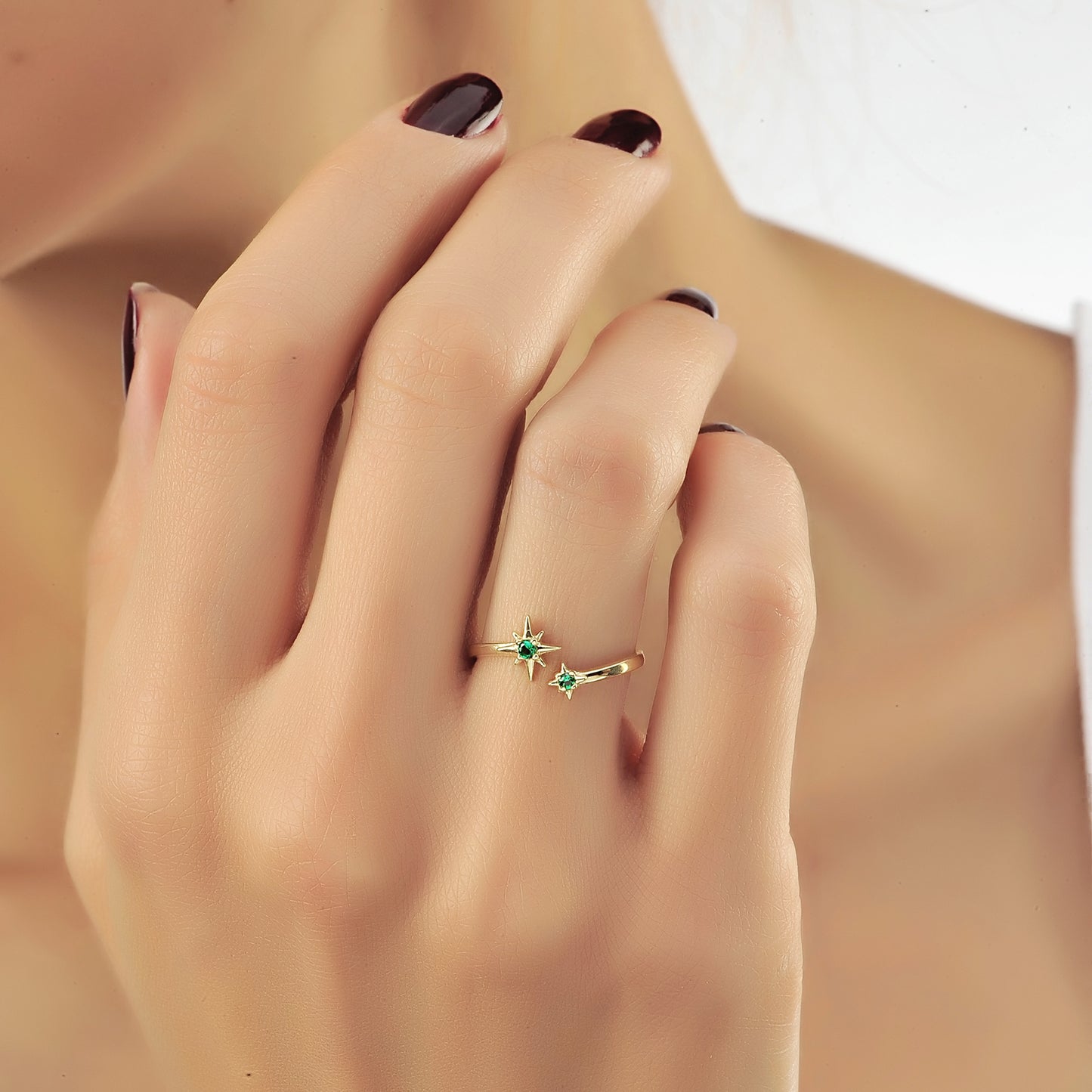 Open Stervormige Groene Smaragd Diamanten Ring, Verstelbare Handgemaakte 14k Massief Gouden Ring, Astrale Planetaire Gebogen Ring