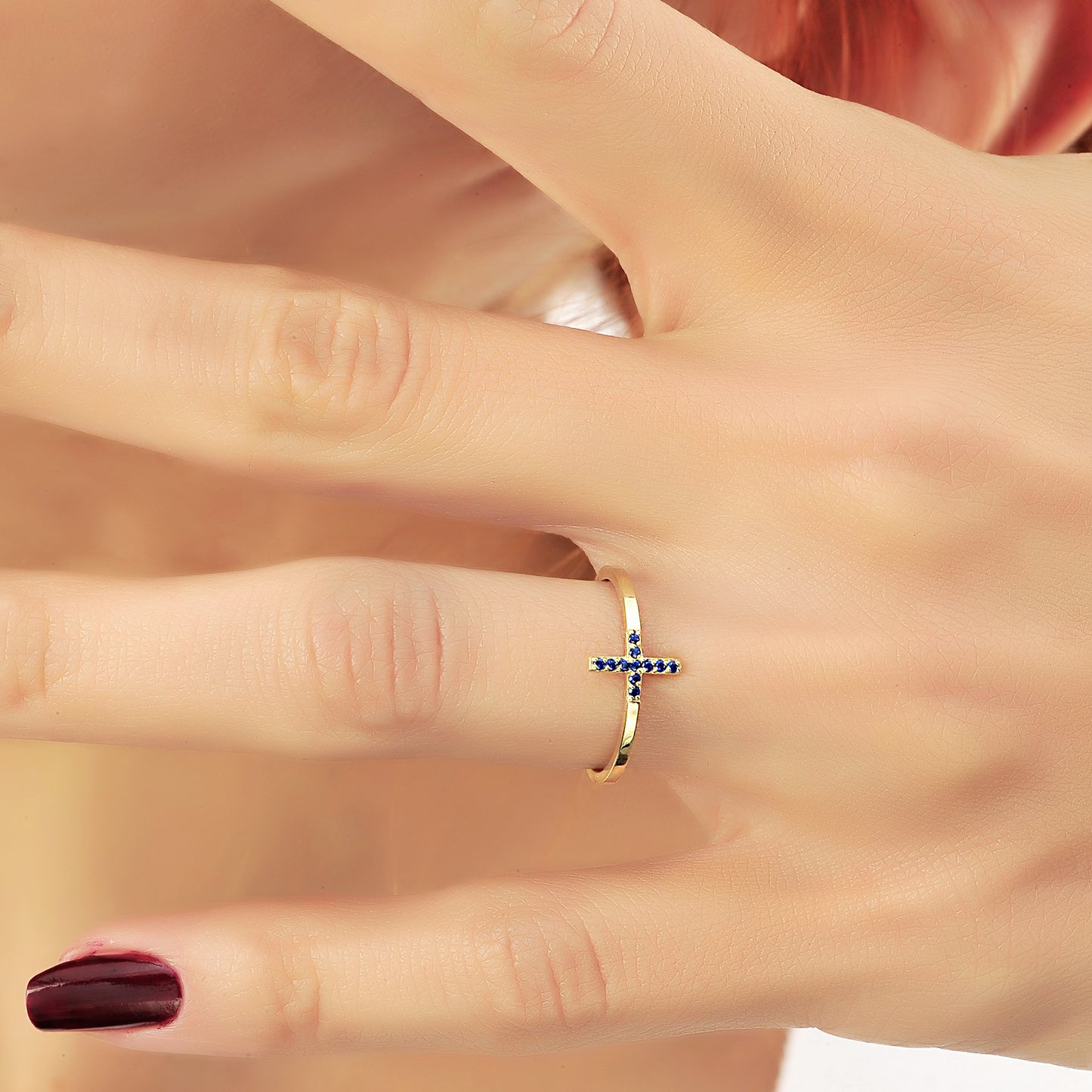 Kruis Blauwe Saffier Plus Vormige Ring Voor Verloving en Huwelijksaanzoek, Minimalistische Handgemaakte Cluster 14k 18k Massief Gouden Ring