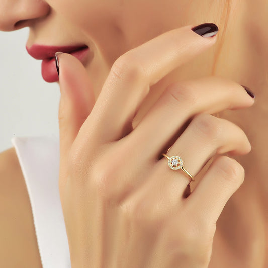 Ronde Diamanten Massief Gouden Verlovingsring, Handgemaakte 14k Gouden Solitaire Diamanten Band Belofte Ring