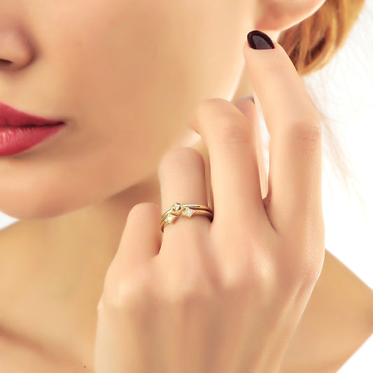 Vintage Kralen Enhancer Diamanten Ring, Handgemaakt Ronde Geslepen Solitaire 14k Gouden Ring