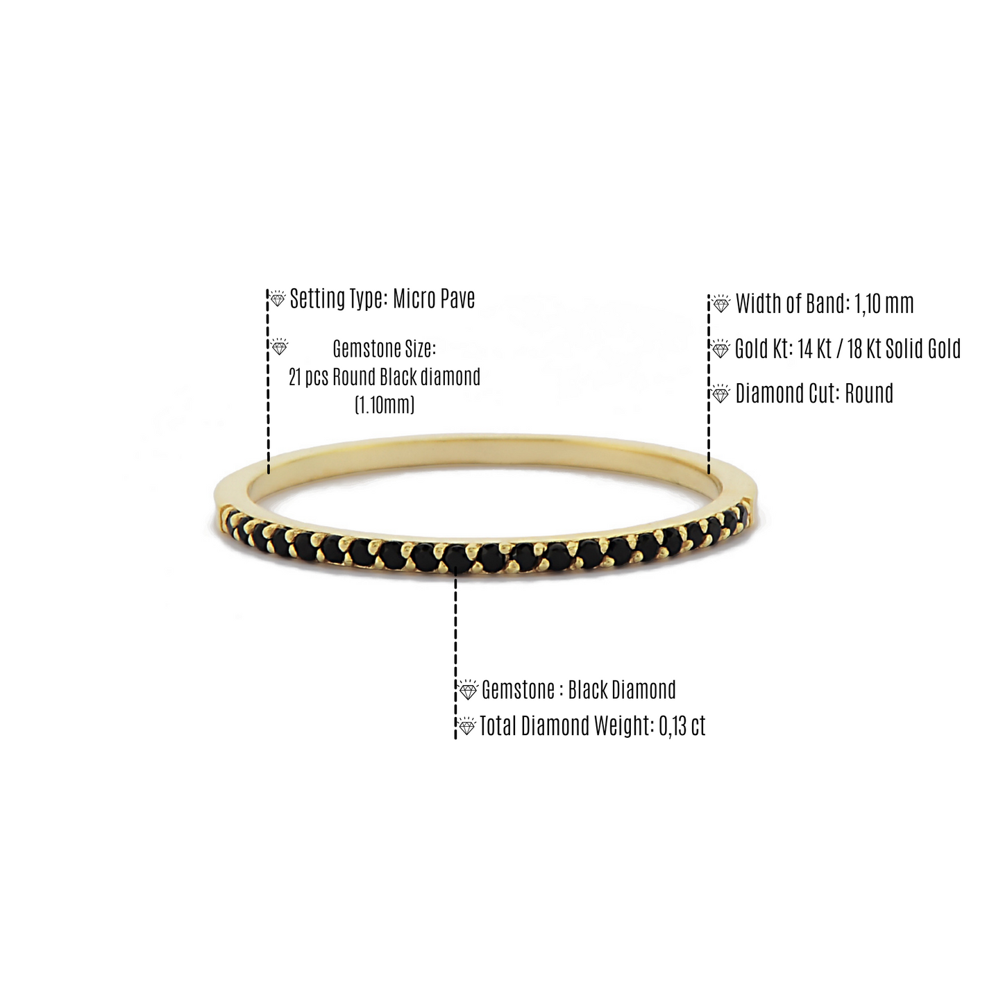1,10 mm Zwart Diamanten Minimalistische Gouden Dames Ring