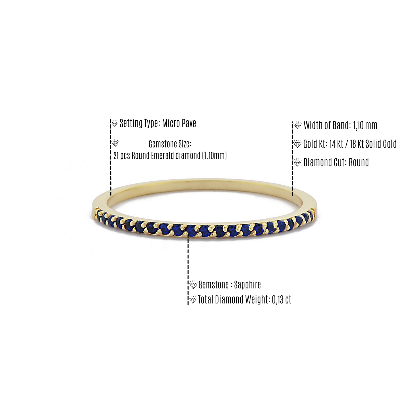 1,10 mm Blauwe Saffier Band Ring, Minimalistische Gouden Dames Ring
