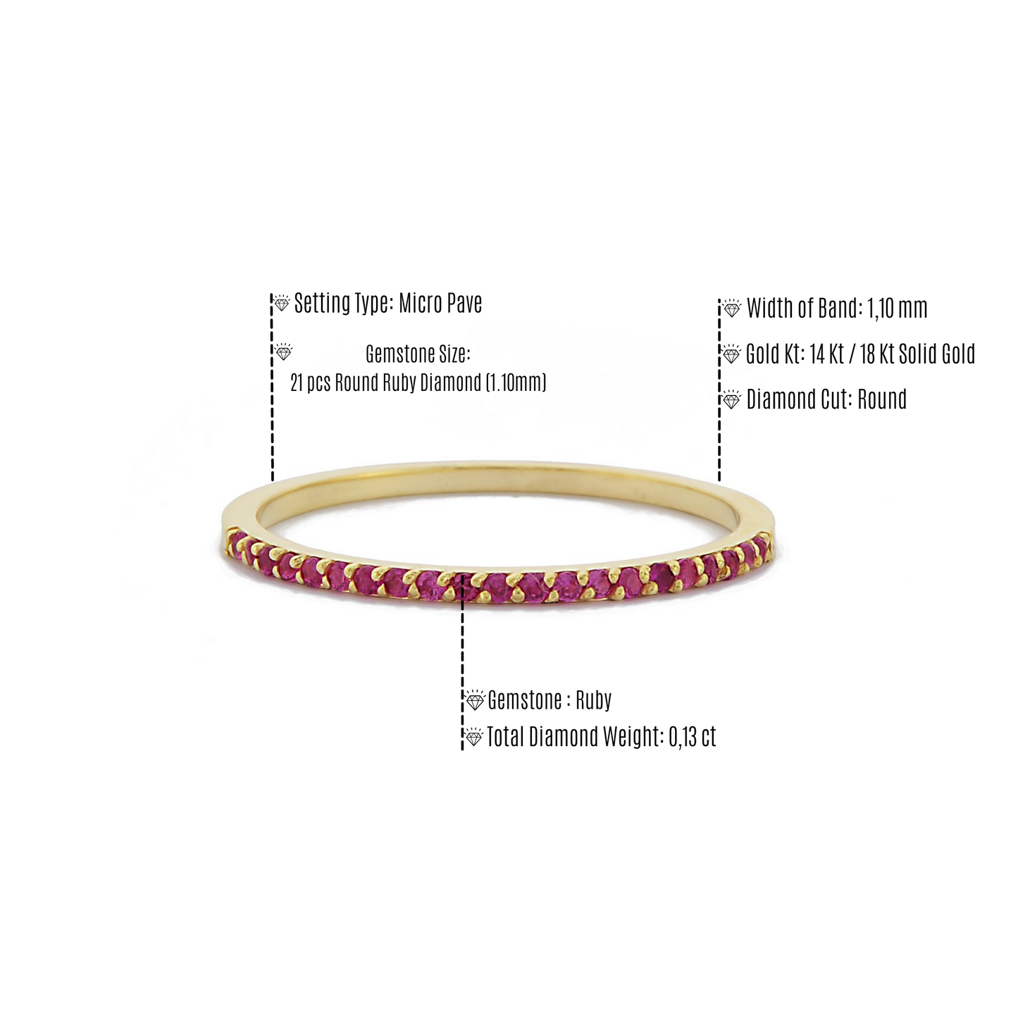 1,10 mm Rode Robijn Minimalistische Gouden Dames Ring