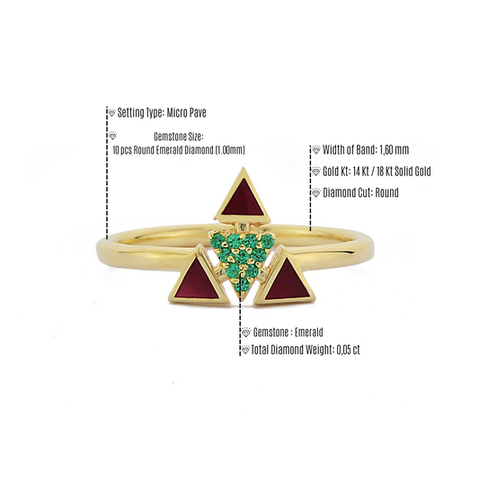 Driehoekige Emailring, Moderne Gepersonaliseerde Gebogen Cluster Groene Smaragd Diamanten Ring, Handgemaakte 14k en 18k Massief Gouden Ring